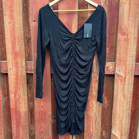 Fashion Nova Hong Kong Rushed Draw String Long Sleeve Black Dress Size L - Picture 3 of 11